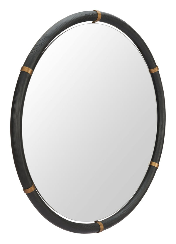 HomeRoots 39" Black Glass Round Rope Hanging Accent Mirror – Modern Elegance for Home & Hospitality Spaces 632669