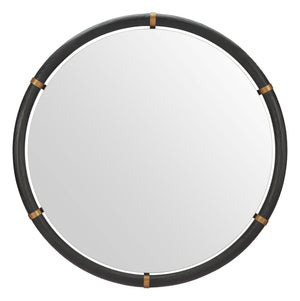HomeRoots 39" Black Glass Round Rope Hanging Accent Mirror – Modern Elegance for Home & Hospitality Spaces 632669