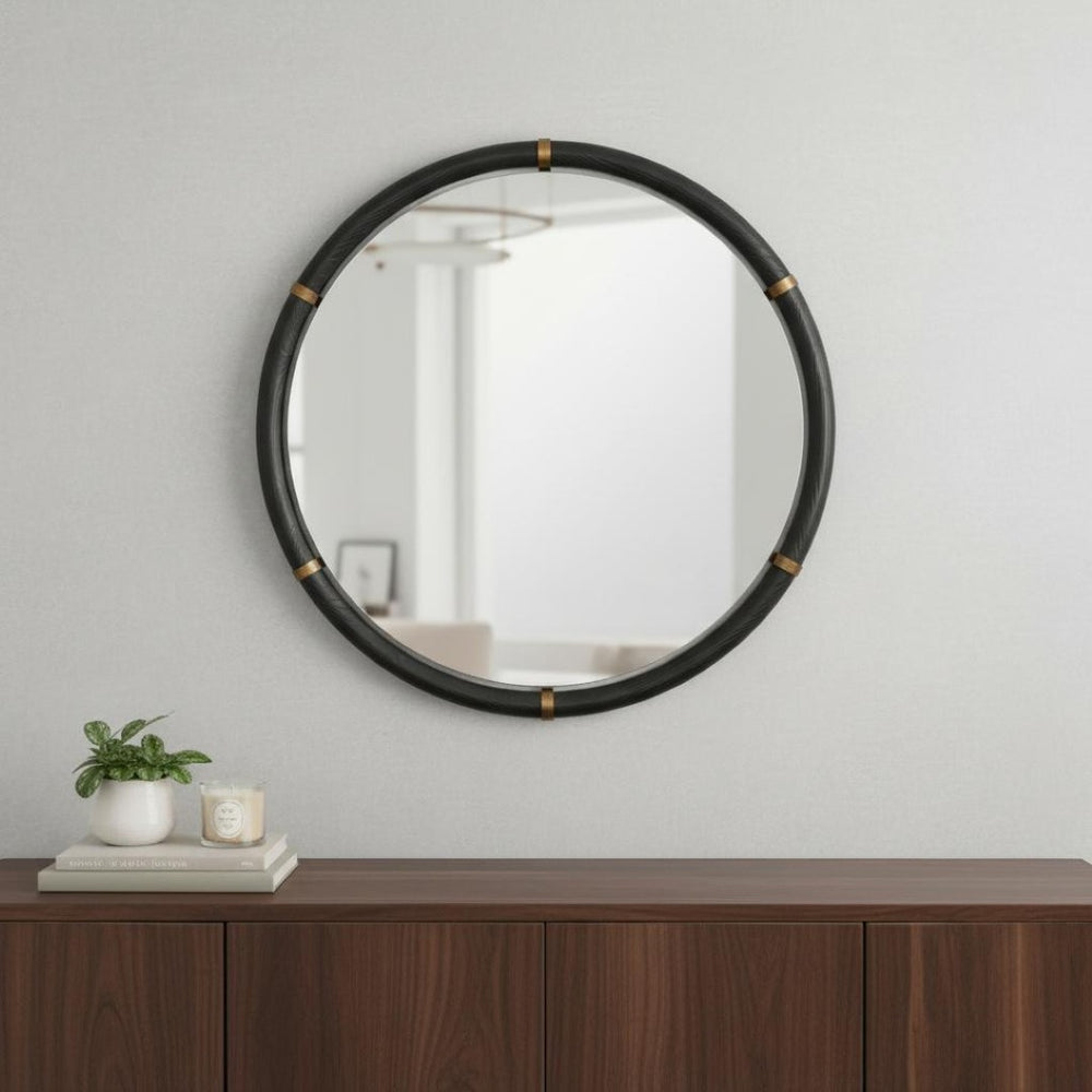 HomeRoots 39" Black Glass Round Rope Hanging Accent Mirror – Modern Elegance for Home & Hospitality Spaces 632669