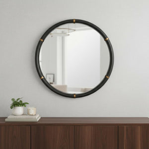 HomeRoots 39" Black Glass Round Rope Hanging Accent Mirror – Modern Elegance for Home & Hospitality Spaces 632669