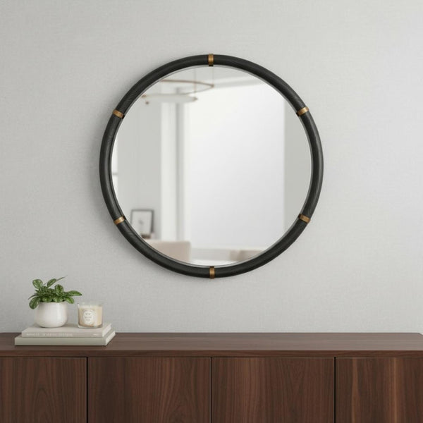 HomeRoots 39" Black Glass Round Rope Hanging Accent Mirror – Modern Elegance for Home & Hospitality Spaces 632669