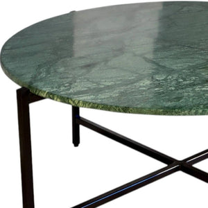 HomeRoots 32" Elegant Green and Charcoal Marble Round Coffee Table with Modern Metal Base for Stylish Living Spaces 632671