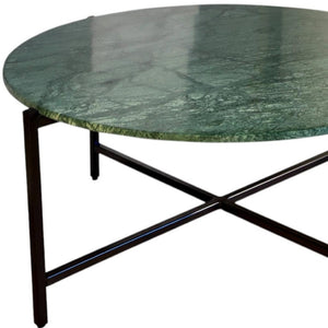 HomeRoots 32" Elegant Green and Charcoal Marble Round Coffee Table with Modern Metal Base for Stylish Living Spaces 632671