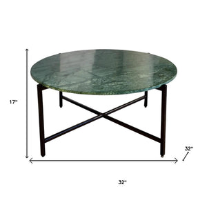 HomeRoots 32" Elegant Green and Charcoal Marble Round Coffee Table with Modern Metal Base for Stylish Living Spaces 632671