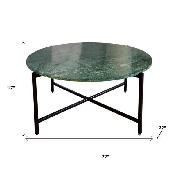 HomeRoots 32" Elegant Green and Charcoal Marble Round Coffee Table with Modern Metal Base for Stylish Living Spaces 632671