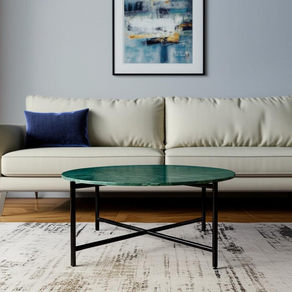 HomeRoots 32" Elegant Green and Charcoal Marble Round Coffee Table with Modern Metal Base for Stylish Living Spaces 632671