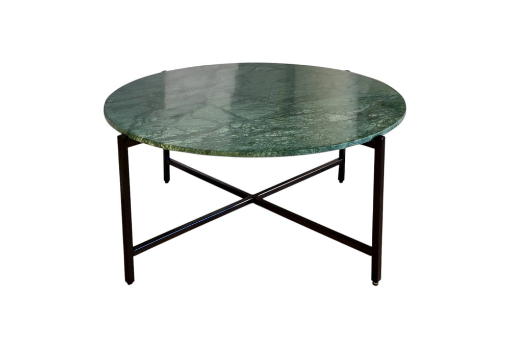 HomeRoots 32" Elegant Green and Charcoal Marble Round Coffee Table with Modern Metal Base for Stylish Living Spaces 632671