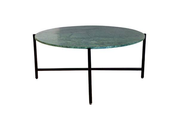 HomeRoots 32" Elegant Green and Charcoal Marble Round Coffee Table with Modern Metal Base for Stylish Living Spaces 632671