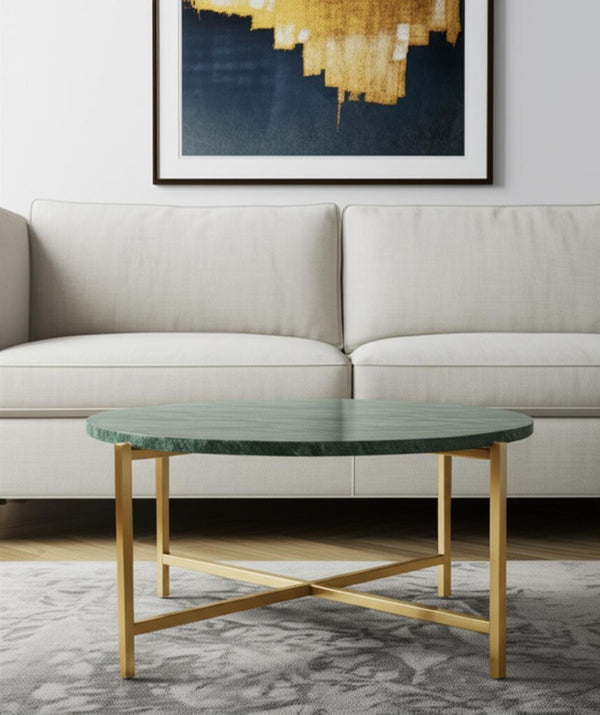 HomeRoots 32" Green and Gold Round Marble Coffee Table - Elegant Low-Profile Design for Modern Interiors 632672