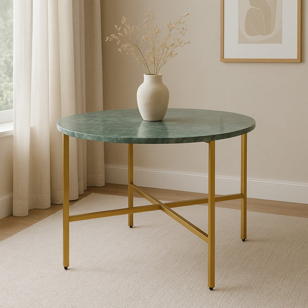 HomeRoots 32" Green and Gold Round Marble Coffee Table - Elegant Low-Profile Design for Modern Interiors 632672