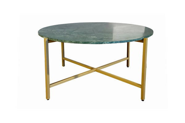 HomeRoots 32" Green and Gold Round Marble Coffee Table - Elegant Low-Profile Design for Modern Interiors 632672