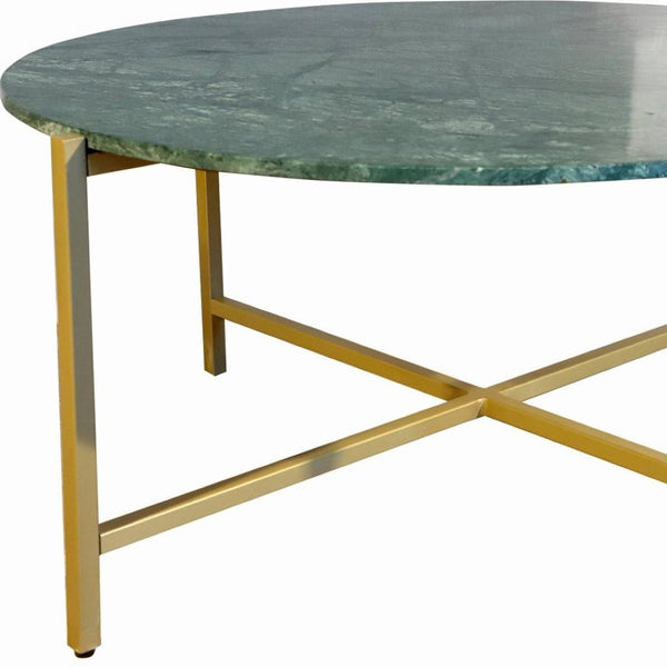 HomeRoots 32" Green and Gold Round Marble Coffee Table - Elegant Low-Profile Design for Modern Interiors 632672