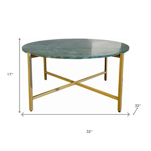 HomeRoots 32" Green and Gold Round Marble Coffee Table - Elegant Low-Profile Design for Modern Interiors 632672