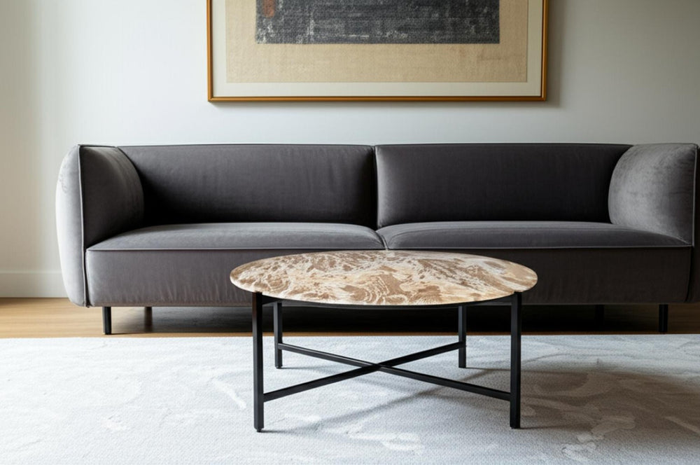 HomeRoots 32" Brown and Charcoal Marble Round Coffee Table - Elegant Design for Living Rooms & Offices 632673
