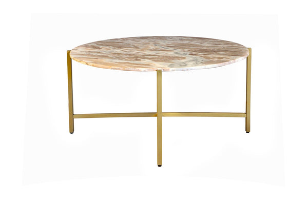 HomeRoots 32" Brown Marble and Gold Metal Round Coffee Table - Elegant Modern Design for Living Spaces 632674