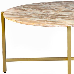 HomeRoots 32" Brown Marble and Gold Metal Round Coffee Table - Elegant Modern Design for Living Spaces 632674