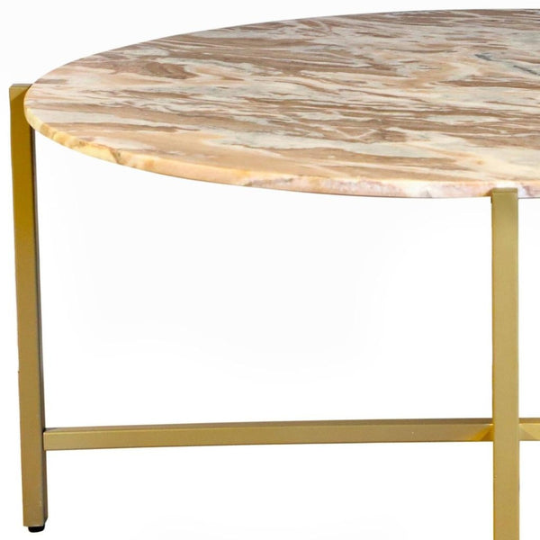HomeRoots 32" Brown Marble and Gold Metal Round Coffee Table - Elegant Modern Design for Living Spaces 632674