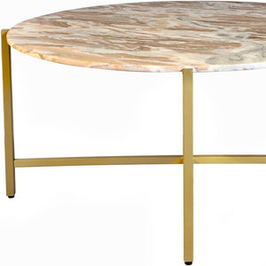 HomeRoots 32" Brown Marble and Gold Metal Round Coffee Table - Elegant Modern Design for Living Spaces 632674
