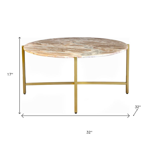 HomeRoots 32" Brown Marble and Gold Metal Round Coffee Table - Elegant Modern Design for Living Spaces 632674