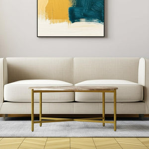 HomeRoots 32" Brown Marble and Gold Metal Round Coffee Table - Elegant Modern Design for Living Spaces 632674