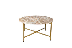 HomeRoots 32" Brown Marble and Gold Metal Round Coffee Table - Elegant Modern Design for Living Spaces 632674