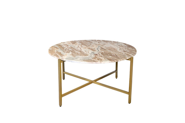 HomeRoots 32" Brown Marble and Gold Metal Round Coffee Table - Elegant Modern Design for Living Spaces 632674