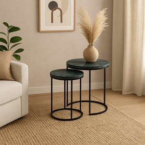 HomeRoots Set of Two Elegant Green Marble and Black Metal Nested Tables for Stylish Space-Saving Solutions 632675