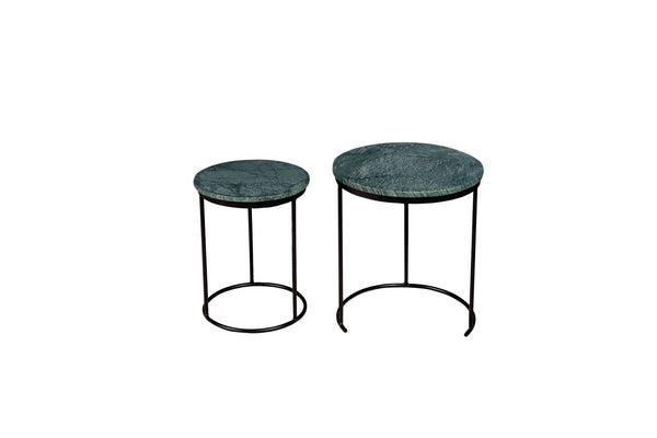 HomeRoots Set of Two Elegant Green Marble and Black Metal Nested Tables for Stylish Space-Saving Solutions 632675