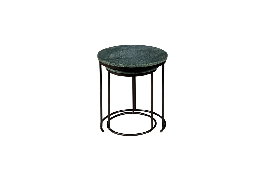 HomeRoots Set of Two Elegant Green Marble and Black Metal Nested Tables for Stylish Space-Saving Solutions 632675