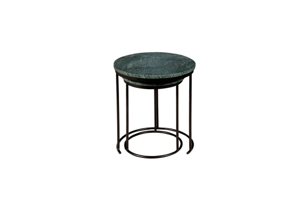 HomeRoots Set of Two Elegant Green Marble and Black Metal Nested Tables for Stylish Space-Saving Solutions 632675