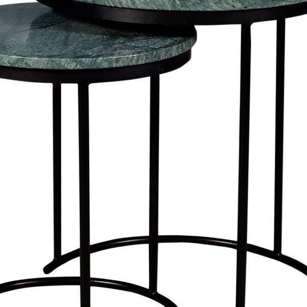 HomeRoots Set of Two Elegant Green Marble and Black Metal Nested Tables for Stylish Space-Saving Solutions 632675