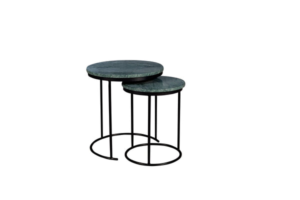 HomeRoots Set of Two Elegant Green Marble and Black Metal Nested Tables for Stylish Space-Saving Solutions 632675