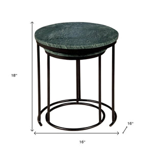 HomeRoots Set of Two Elegant Green Marble and Black Metal Nested Tables for Stylish Space-Saving Solutions 632675