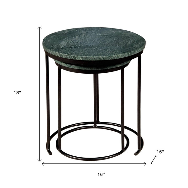 HomeRoots Set of Two Elegant Green Marble and Black Metal Nested Tables for Stylish Space-Saving Solutions 632675
