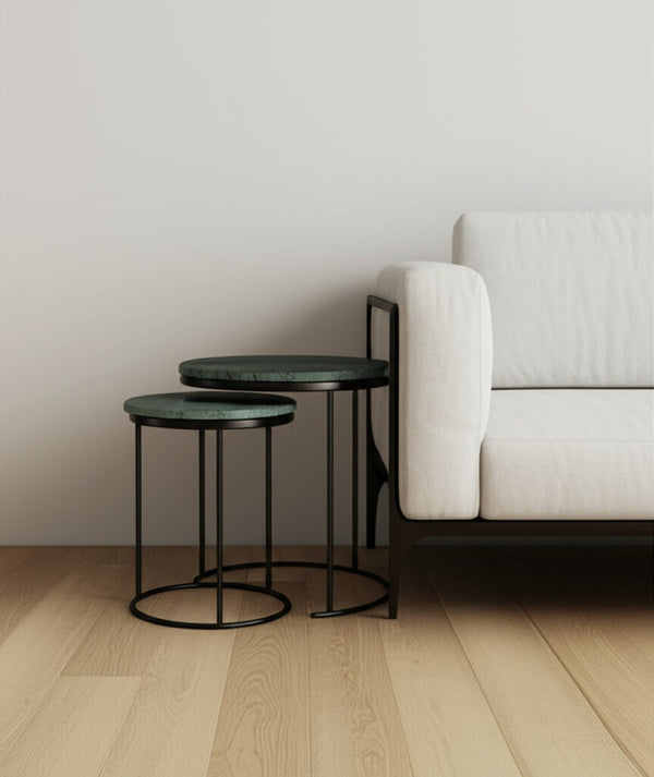 HomeRoots Set of Two Elegant Green Marble and Black Metal Nested Tables for Stylish Space-Saving Solutions 632675