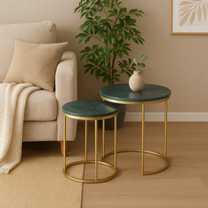 HomeRoots Set of Two Elegant Green Marble and Gold Metal Nested Tables for Modern Home Décor and Functionality 632676
