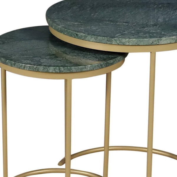 HomeRoots Set of Two Elegant Green Marble and Gold Metal Nested Tables for Modern Home Décor and Functionality 632676