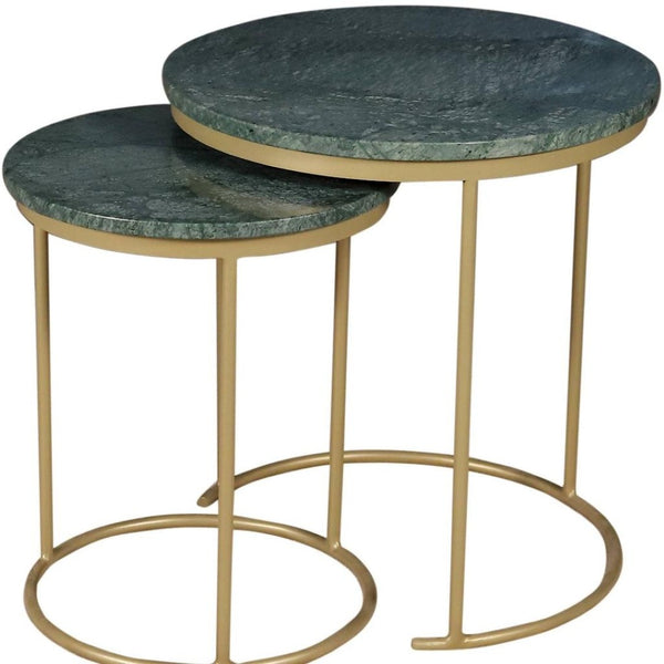 HomeRoots Set of Two Elegant Green Marble and Gold Metal Nested Tables for Modern Home Décor and Functionality 632676