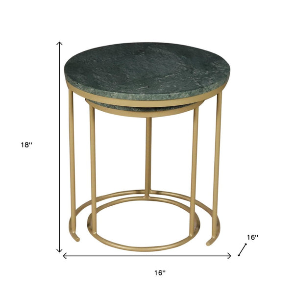 HomeRoots Set of Two Elegant Green Marble and Gold Metal Nested Tables for Modern Home Décor and Functionality 632676