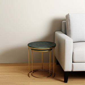 HomeRoots Set of Two Elegant Green Marble and Gold Metal Nested Tables for Modern Home Décor and Functionality 632676