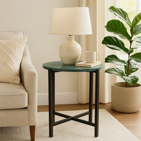 HomeRoots 21" Elegant Green and Black Marble Round End Table with Sturdy Metal Base for Modern Interiors 632677