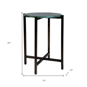 HomeRoots 21" Elegant Green and Black Marble Round End Table with Sturdy Metal Base for Modern Interiors 632677