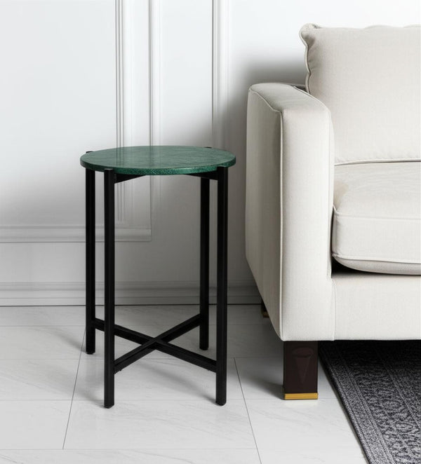 HomeRoots 21" Elegant Green and Black Marble Round End Table with Sturdy Metal Base for Modern Interiors 632677