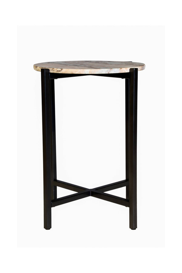 HomeRoots 21" Modern Brown Tan Marble and Black Metal Round End Table – Perfect for Small Spaces & Versatile Use 632679