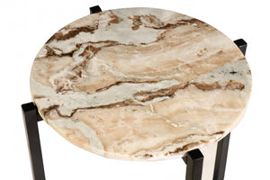 HomeRoots 21" Modern Brown Tan Marble and Black Metal Round End Table – Perfect for Small Spaces & Versatile Use 632679