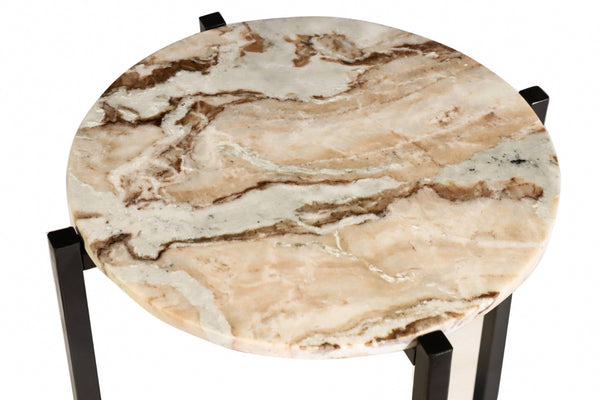 HomeRoots 21" Modern Brown Tan Marble and Black Metal Round End Table – Perfect for Small Spaces & Versatile Use 632679