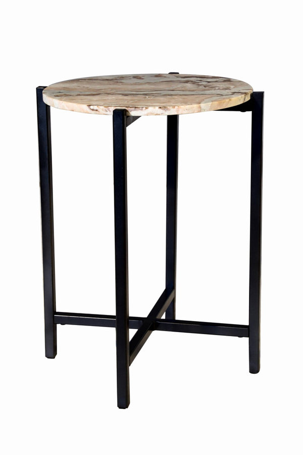 HomeRoots 21" Modern Brown Tan Marble and Black Metal Round End Table – Perfect for Small Spaces & Versatile Use 632679
