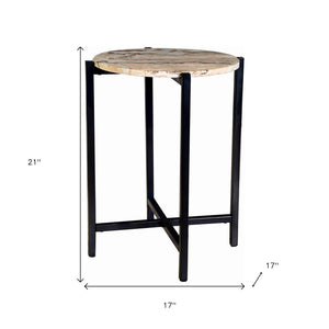 HomeRoots 21" Modern Brown Tan Marble and Black Metal Round End Table – Perfect for Small Spaces & Versatile Use 632679