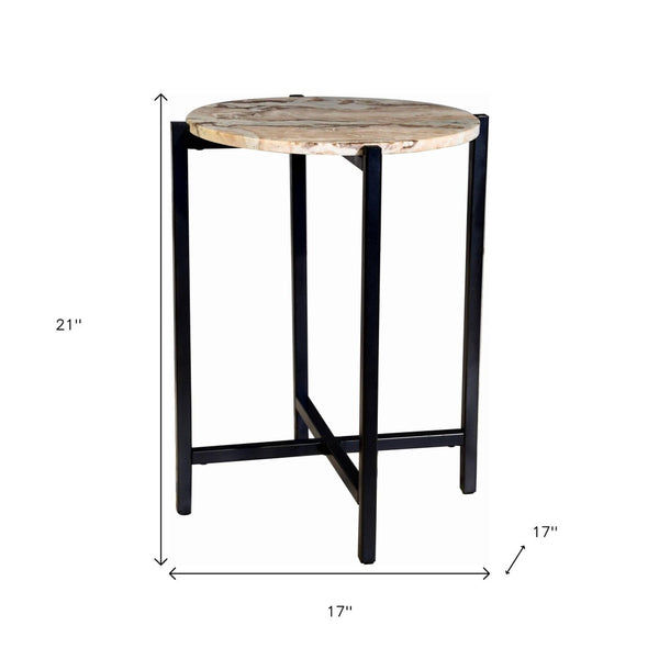 HomeRoots 21" Modern Brown Tan Marble and Black Metal Round End Table – Perfect for Small Spaces & Versatile Use 632679