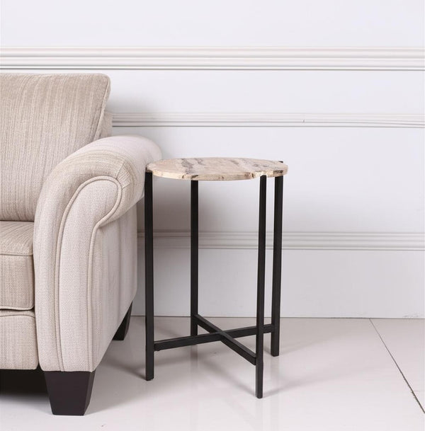 HomeRoots 21" Modern Brown Tan Marble and Black Metal Round End Table – Perfect for Small Spaces & Versatile Use 632679